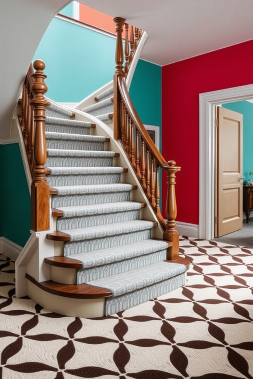 A striking staircase features a geometric patterned carpet that adds a modern touch to the classic design. The retro staircase design is enhanced by elegant wooden railings and bold wall colors that create a vibrant contrast.