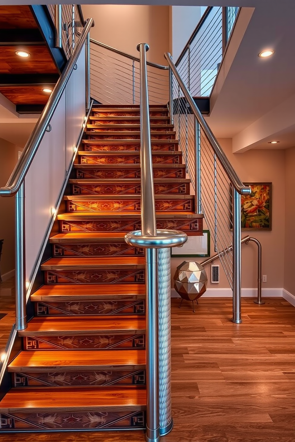 A wooden staircase with elegantly painted balusters leads up to the second floor. The balusters feature a vintage design in soft pastel colors, complementing the warm tones of the wooden steps. The staircase is illuminated by a stylish chandelier that hangs from the ceiling above. A plush runner in a geometric pattern adds a touch of comfort and style to the staircase, enhancing its retro charm.