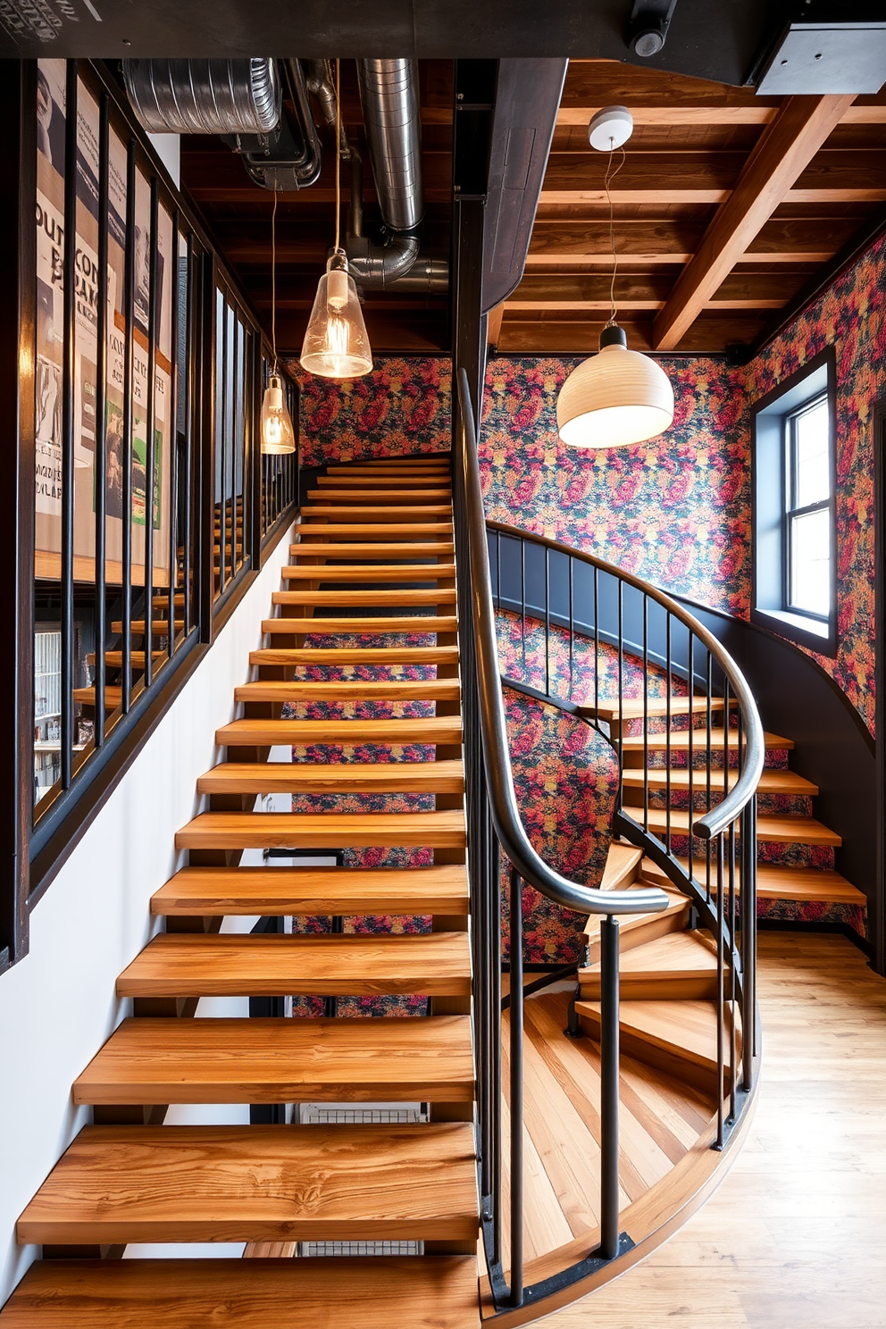 A striking metal spiral staircase with an industrial vibe spirals elegantly upwards. The staircase features exposed steel beams and rivets, complemented by wooden treads that add warmth to the design. Surrounding the staircase, large windows flood the space with natural light, highlighting the raw textures of the metal. Below, a minimalist entryway showcases a sleek console table and a bold piece of modern art.