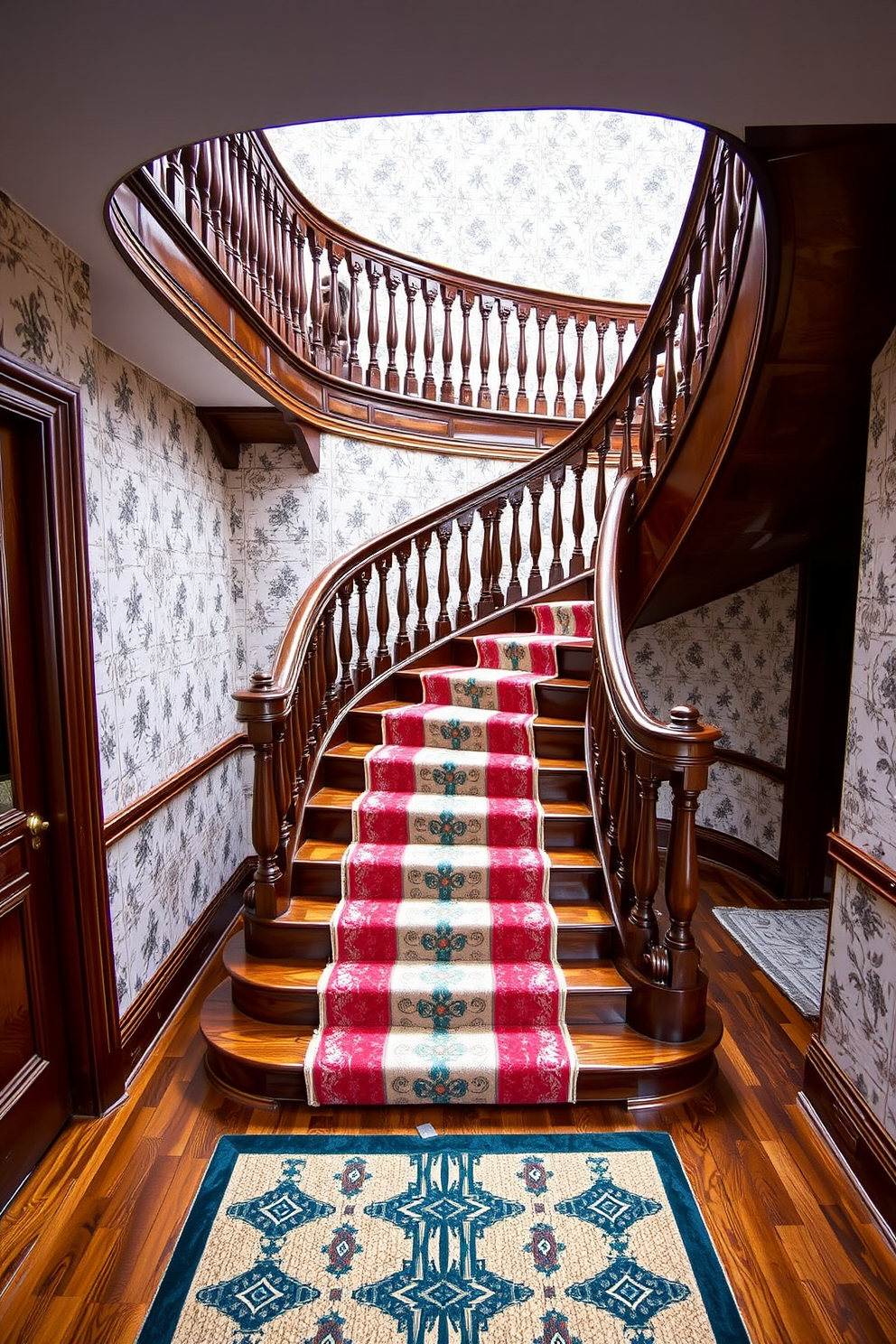 A stunning curved staircase with intricate woodwork showcases the beauty of craftsmanship. The balustrades feature ornate detailing, and the steps are finished with a rich mahogany that gleams in the soft lighting. Surrounding the staircase, the walls are adorned with vintage wallpaper that complements the retro aesthetic. A plush runner in a bold geometric pattern adds a touch of color and comfort to the design.