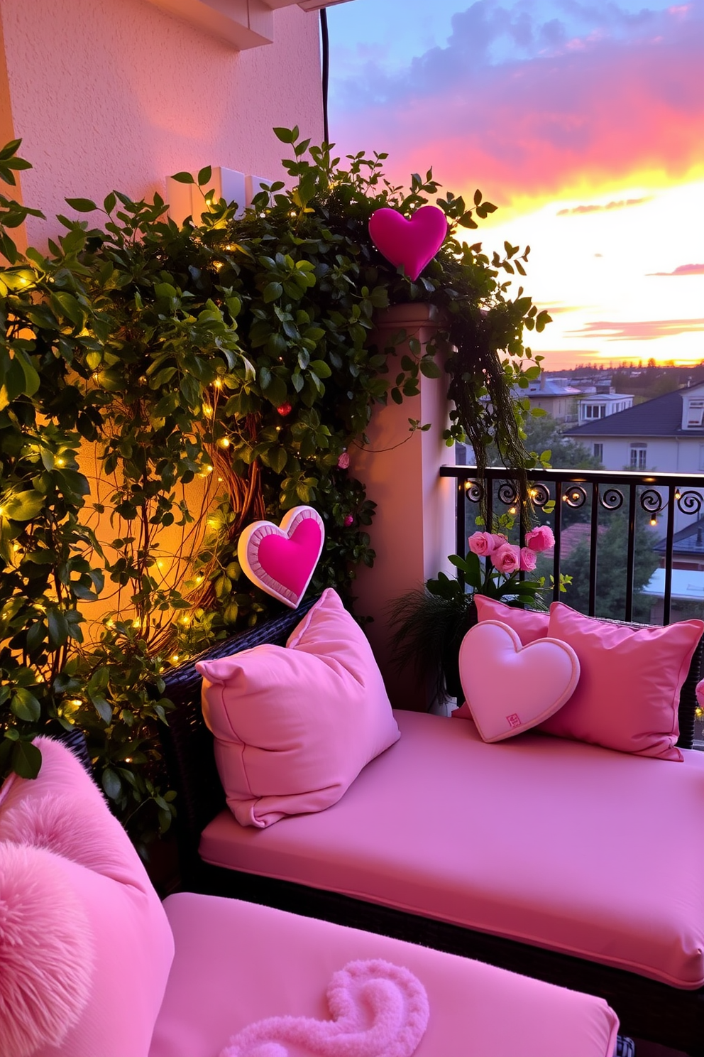 Cozy seating area with plush cushions in soft pastel colors. The balcony features lush greenery and twinkling fairy lights for a romantic ambiance. Decorative elements include heart-shaped pillows and a small table set for two. A backdrop of a sunset sky enhances the Valentine's Day theme.