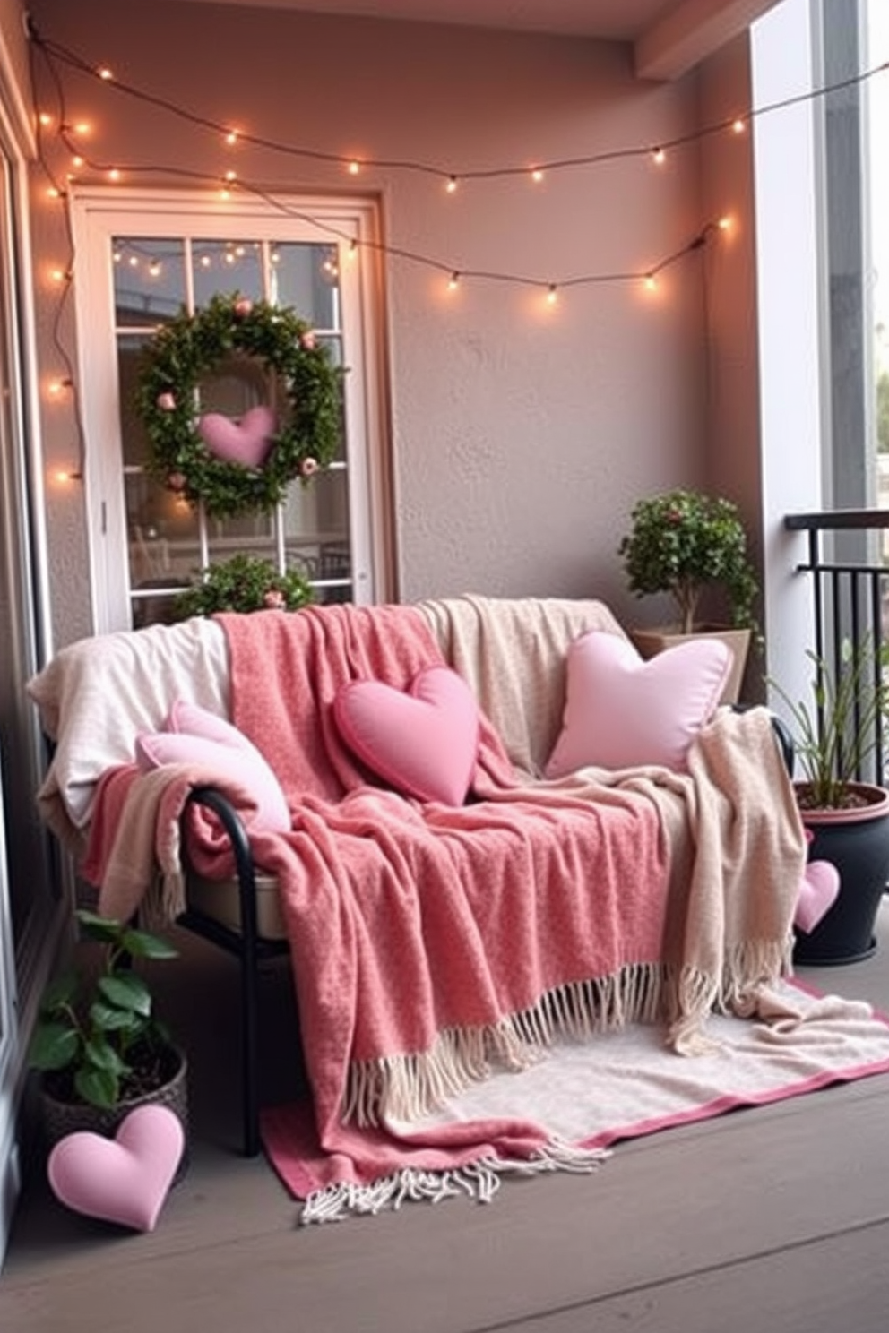 A cozy balcony setting adorned with decorative throw blankets in soft pastel colors. The blankets are draped over a stylish outdoor loveseat, creating an inviting atmosphere perfect for a romantic Valentine's Day celebration. Delicate fairy lights twinkle overhead, casting a warm glow across the space. Potted plants and heart-shaped cushions add a touch of charm, enhancing the romantic ambiance.