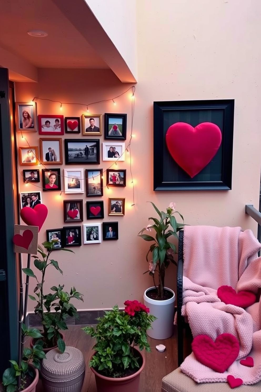 A personalized photo display is set against a soft pastel wall, featuring a collection of framed memories in varying sizes. String lights delicately illuminate the display, creating a warm and inviting atmosphere. The romantic balcony is adorned with plush seating and cozy blankets, perfect for intimate evenings. Potted plants and heart-shaped decorations add a festive touch for Valentine's Day, enhancing the overall charm of the space.