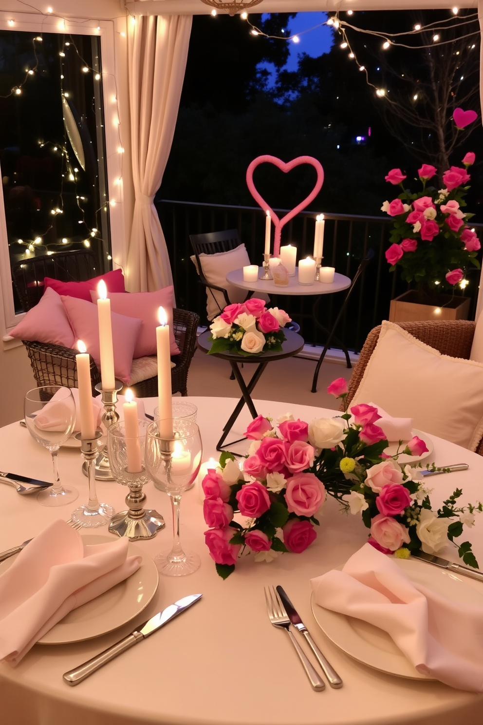 Charming table setting with candles. The table is elegantly set with fine china, crystal glassware, and soft linen napkins, creating a warm and inviting atmosphere. Romantic balcony with Valentine's Day decorating ideas. Adorned with twinkling fairy lights and plush cushions, the space features a small bistro table surrounded by blooming flowers and scented candles.