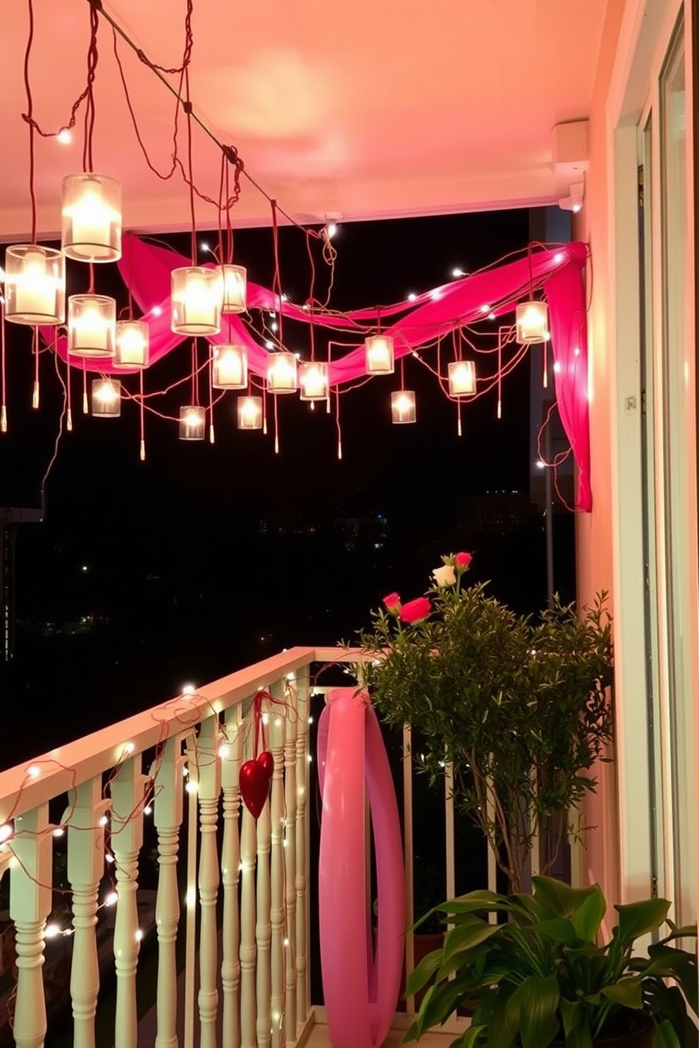 A romantic balcony setting adorned with hanging candles creates an enchanting ambiance. Softly glowing lights illuminate the space, enhancing the charm of the Valentine's Day decorations.