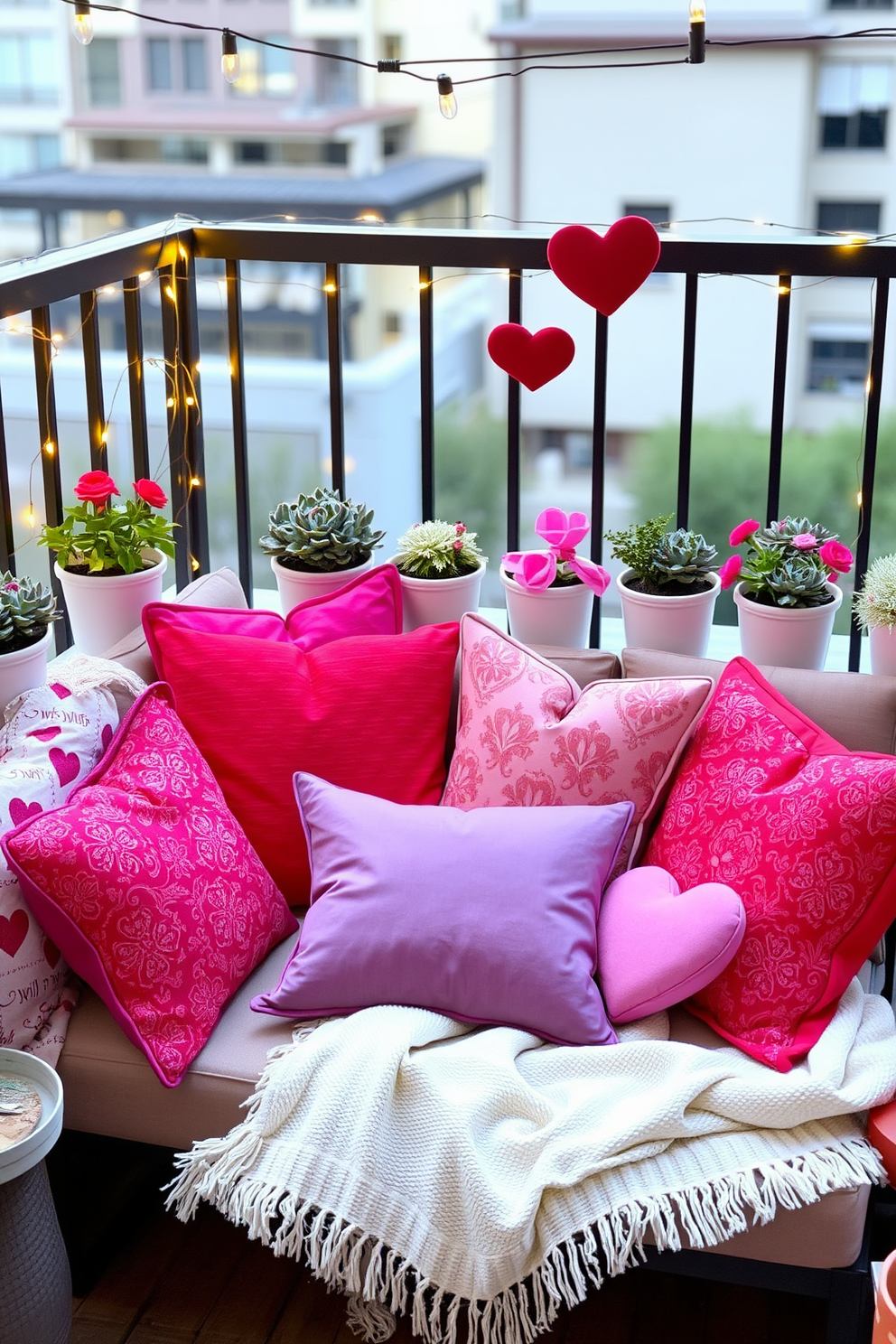 A cozy balcony adorned with twinkling fairy lights and plush seating creates an intimate atmosphere. Soft music plays in the background, enhancing the romantic vibe of the space. Red and pink cushions are scattered across the seating, complemented by a small table set with candles and a vase of fresh roses. Heart-shaped decorations hang gently from the railing, adding a festive touch for Valentine's Day.