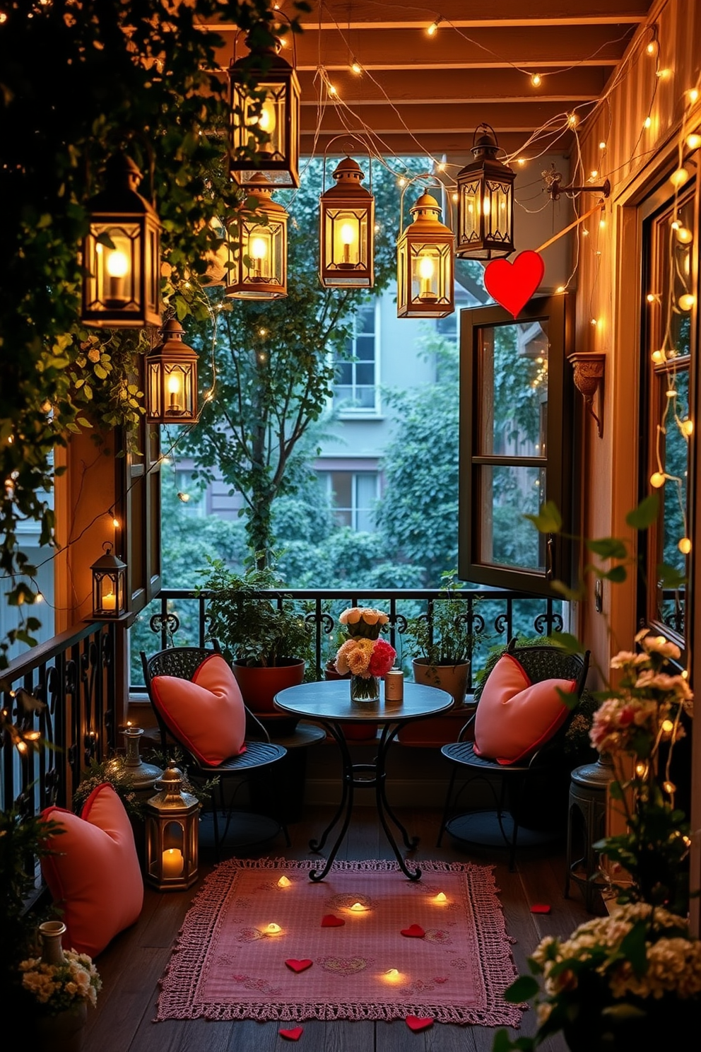 A romantic balcony adorned with a backdrop of cascading hanging flowers in vibrant hues. Soft fairy lights twinkle above, creating an enchanting atmosphere perfect for a Valentine's Day celebration.