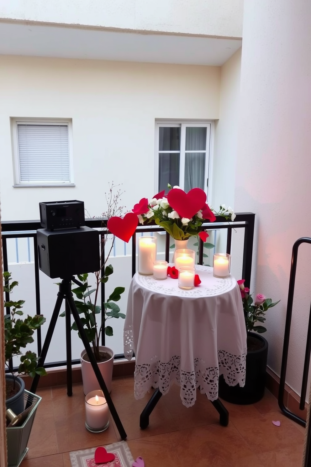 A cozy balcony setting adorned for Valentine's Day. Soft mood-setting music plays from a portable speaker, creating an intimate atmosphere. The balcony features a small table draped with a delicate lace tablecloth. Candles flicker gently in glass holders, casting a warm glow over the romantic decorations.