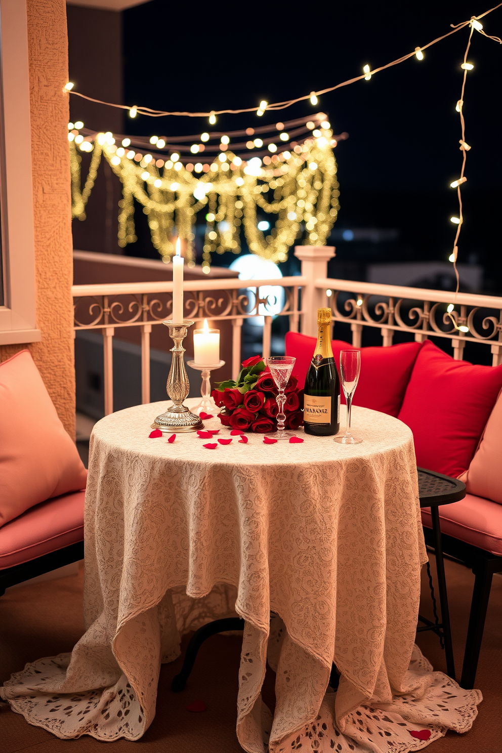 A sweetheart table is elegantly set for intimate dining with a delicate lace tablecloth draping over a small round table. Soft candlelight flickers from ornate candlesticks, while a bouquet of red roses sits in the center, surrounded by heart-shaped confetti. The romantic balcony is adorned with twinkling fairy lights strung overhead, creating a warm and inviting atmosphere. Plush cushions in shades of pink and red line the seating area, and a small side table holds a bottle of champagne with two fluted glasses ready for a toast.