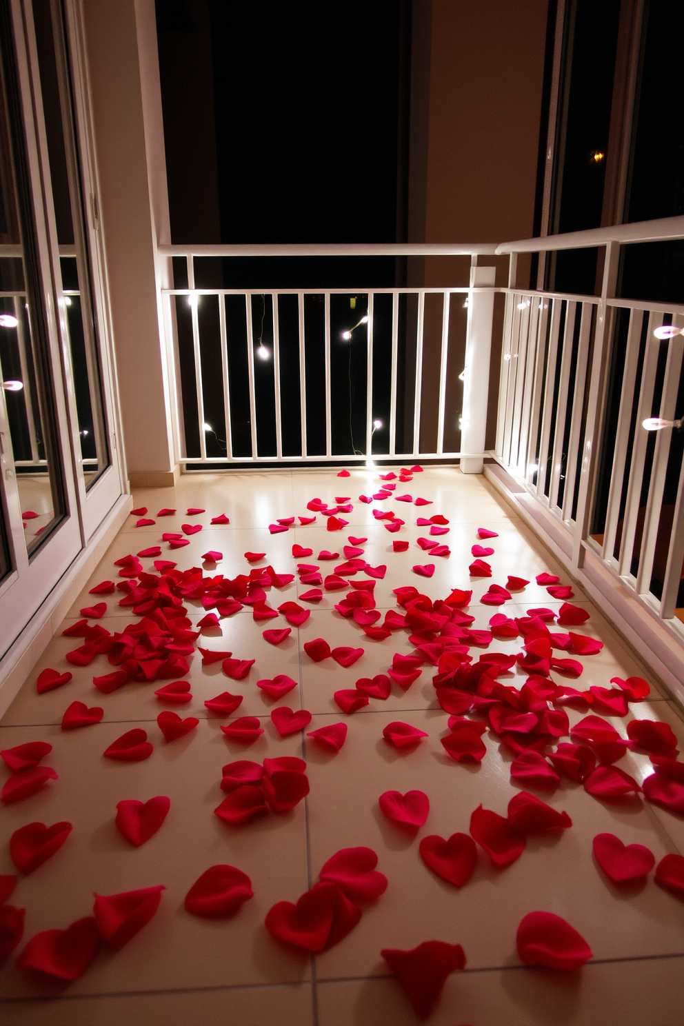 A romantic balcony setting adorned with bistro lights creates a charming atmosphere perfect for Valentine's Day. Soft glowing lights hang delicately above a cozy seating area with plush cushions and a small table set for two. Decorative elements include heart-shaped candles and fresh flowers arranged in a lovely vase. The balcony railing is draped with fairy lights, enhancing the enchanting vibe of the space.