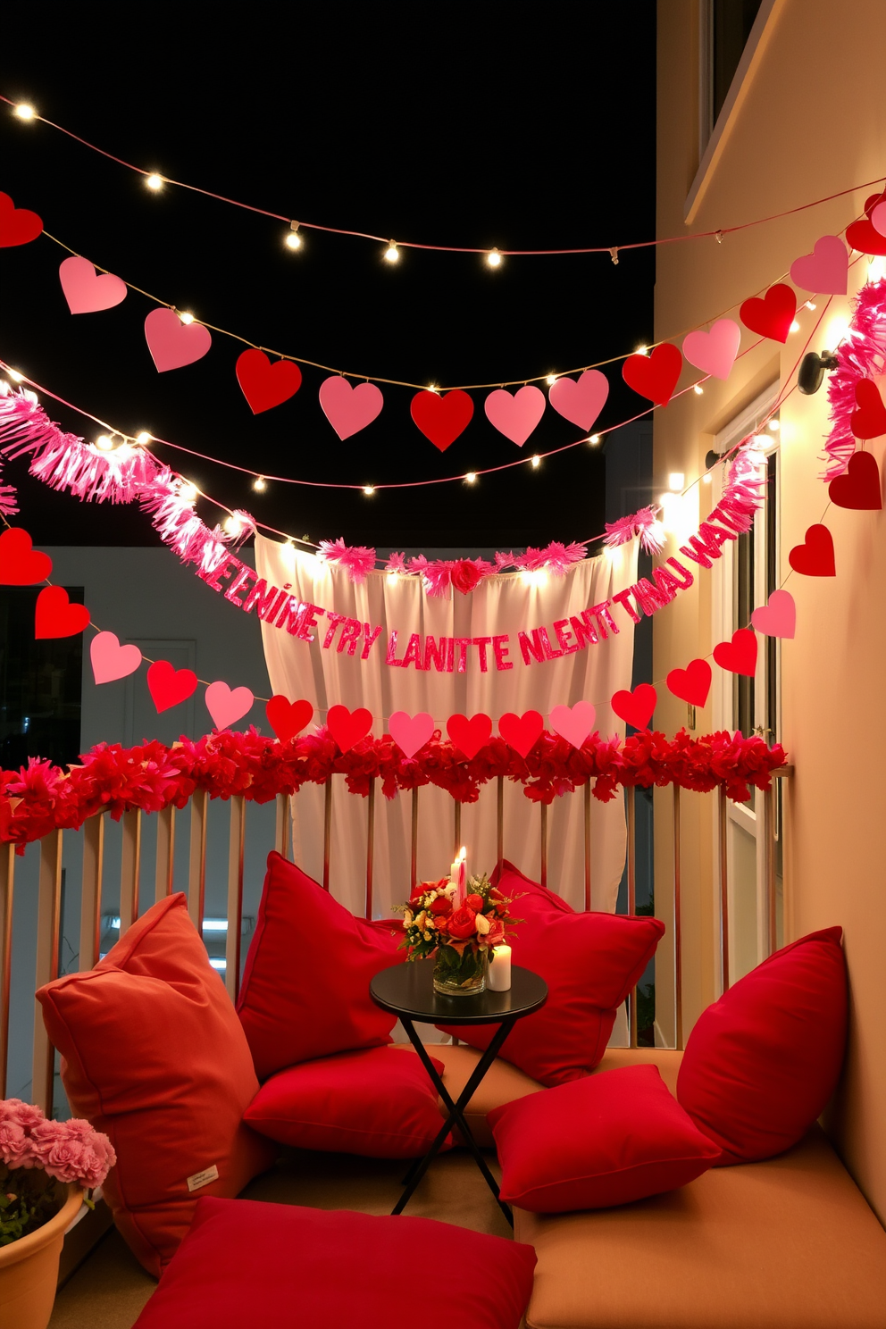 A romantic balcony adorned for Valentine's Day features plush outdoor cushions in soft pastel hues. The space is enhanced by twinkling fairy lights draped overhead, creating an intimate atmosphere perfect for cozy evenings.