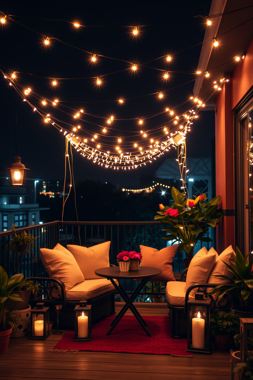 A romantic balcony setting adorned with string lights that create a magical glow. The space features cozy seating with plush cushions and a small table set for two, surrounded by potted plants and lanterns for an enchanting Valentine's Day atmosphere.