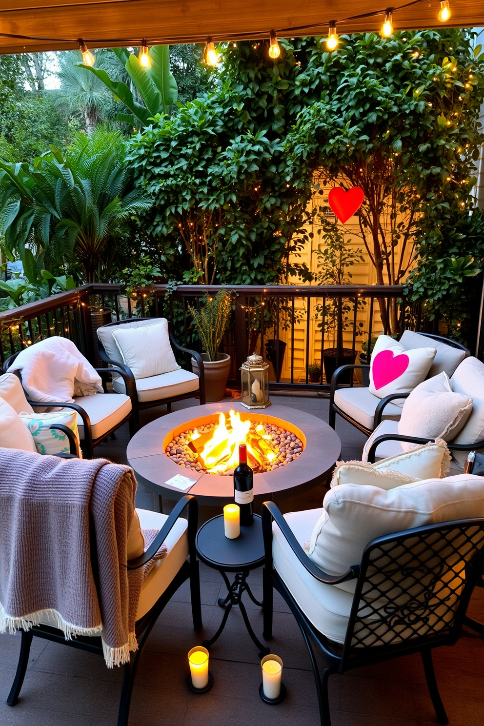 A romantic balcony setting adorned with heart-shaped decorations hanging gracefully from the railing. Soft fairy lights twinkle around the space, creating a warm and inviting atmosphere perfect for Valentine's Day.