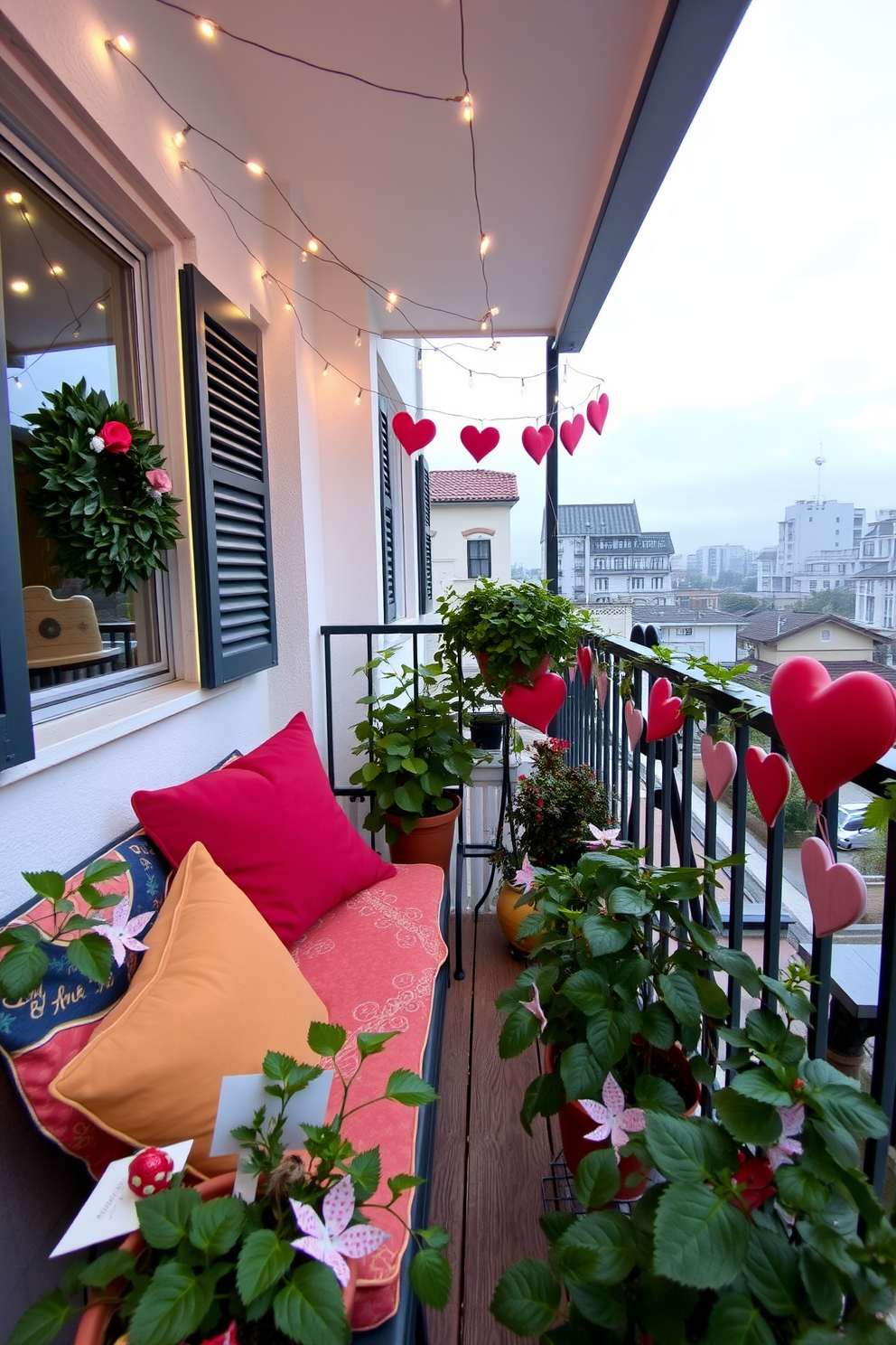 A cozy small fire pit sits at the center of a romantic balcony adorned with twinkling fairy lights. Surrounding the fire pit are comfortable seating options with plush cushions, creating an inviting atmosphere for a Valentine's Day gathering.