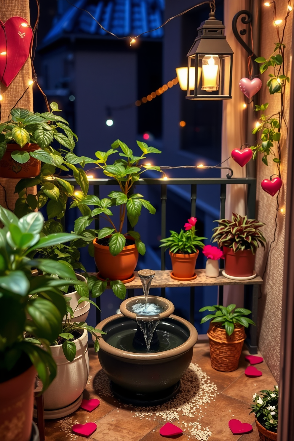 A charming romantic balcony adorned with a miniature fountain that gently trickles water, creating soothing sounds. The space is decorated with lush potted plants and soft fairy lights, perfect for a cozy Valentine's Day atmosphere.