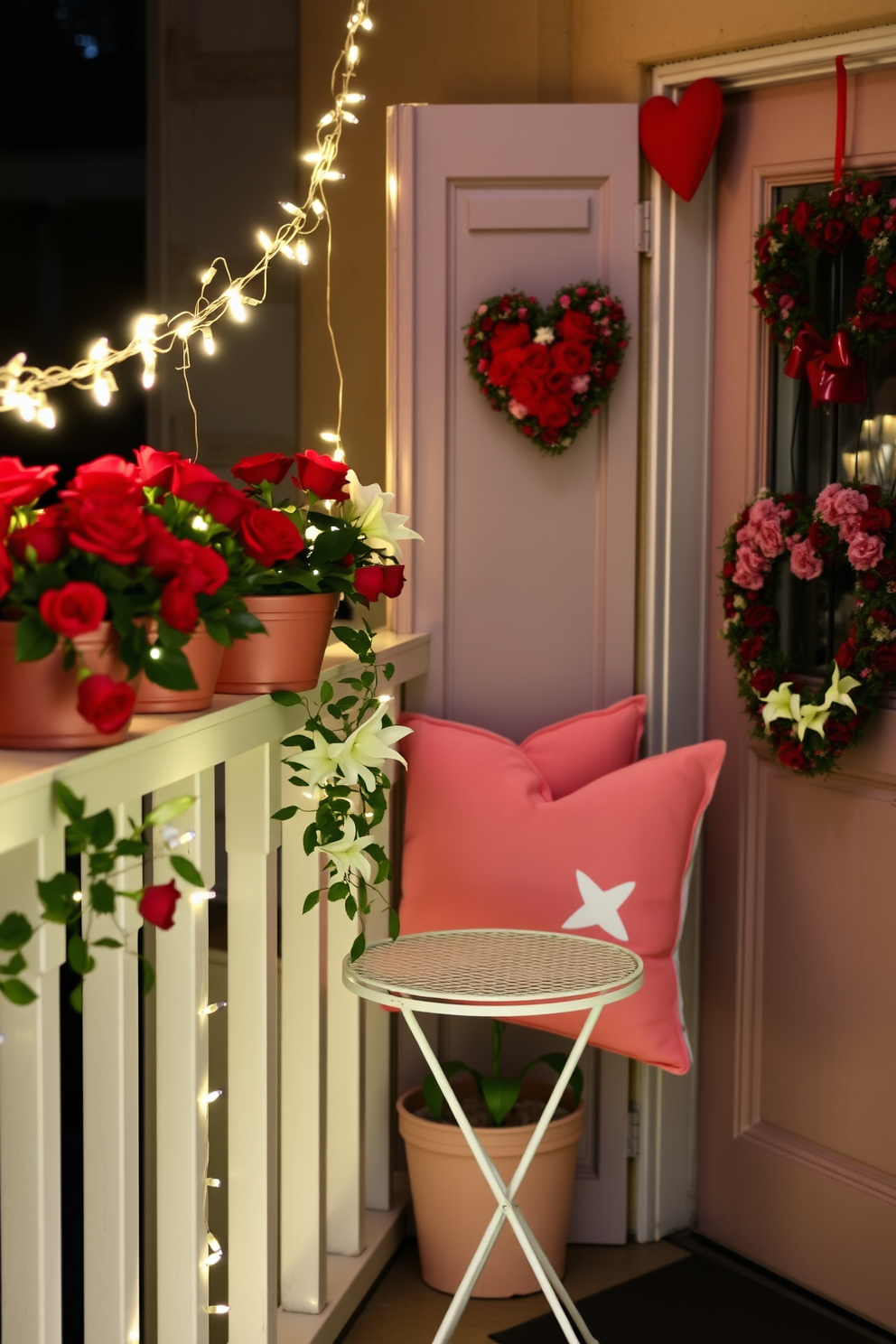 A romantic balcony setting adorned with seasonal decorations for Valentine's Day. Soft fairy lights drape along the railing, while potted red roses and white lilies create a vibrant floral display. Cozy cushions in shades of pink and cream are arranged on a small bistro table. A heart-shaped wreath hangs on the door, completing the enchanting atmosphere of love and warmth.