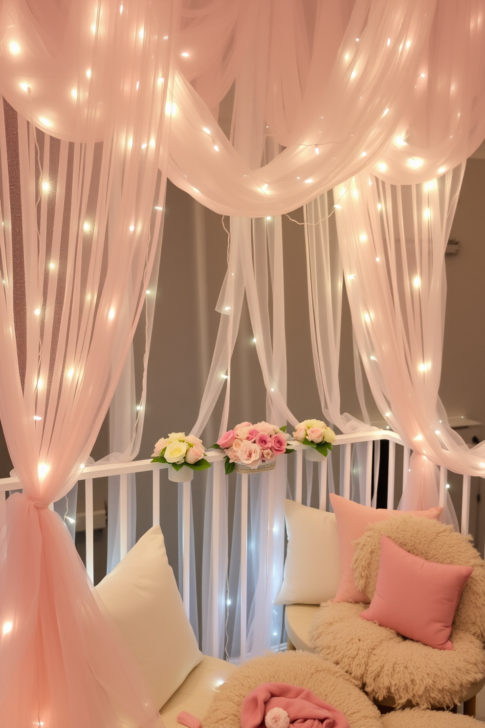 A whimsical balcony adorned with a fairy-tale canopy made of sheer, flowing fabric. Soft pastel colors create a dreamy atmosphere, with twinkling fairy lights woven throughout the canopy for a magical touch. Delicate floral arrangements in soft pinks and whites are placed on the balcony railing. Cozy cushions and throws invite relaxation, making it the perfect romantic setting for Valentine's Day celebrations.