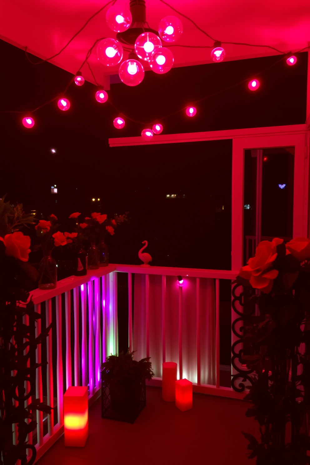 A romantic balcony setting adorned with mood lighting created by colored bulbs. Soft pink and red hues illuminate the space, enhancing the intimate atmosphere perfect for Valentine's Day.