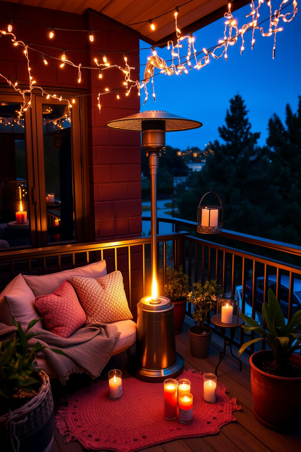 A cozy outdoor heater stands in the corner of a romantic balcony, casting a warm glow over the space. Plush seating is arranged around the heater, adorned with soft cushions and blankets for comfort. Twinkling string lights drape above, creating an enchanting atmosphere perfect for Valentine's Day. Potted plants and candles are strategically placed to enhance the intimate setting, inviting relaxation and connection.