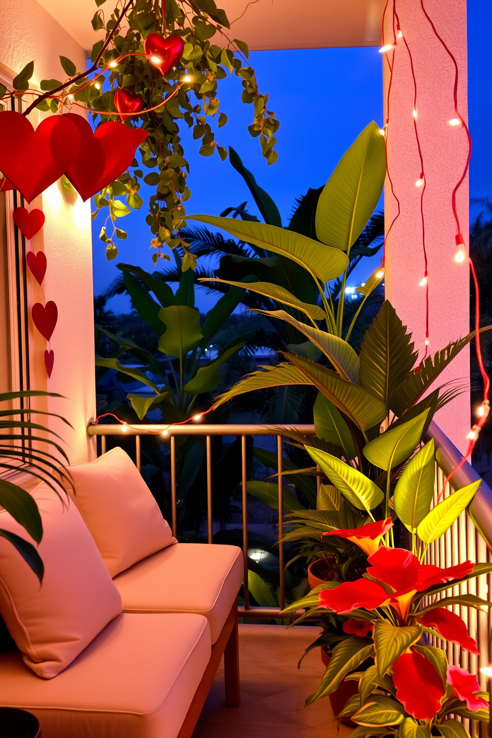 A romantic balcony setting adorned with tropical plants for a lush feel. The space features a cozy seating area with plush cushions and soft lighting, perfect for an intimate evening. Valentines Day decorations include heart-shaped garlands draped along the railing. Potted tropical plants in vibrant colors add a refreshing touch to the romantic atmosphere.