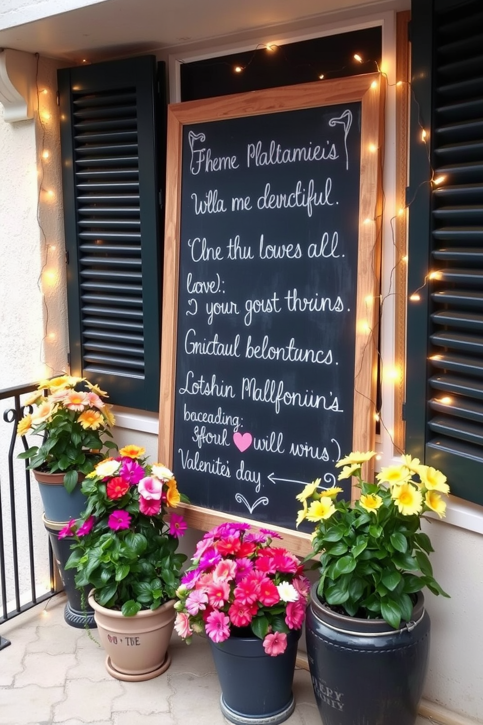 A charming balcony adorned with a large chalkboard featuring beautifully handwritten love quotes. Surrounding the chalkboard, there are potted plants with vibrant flowers and soft fairy lights creating a warm ambiance for Valentine's Day.