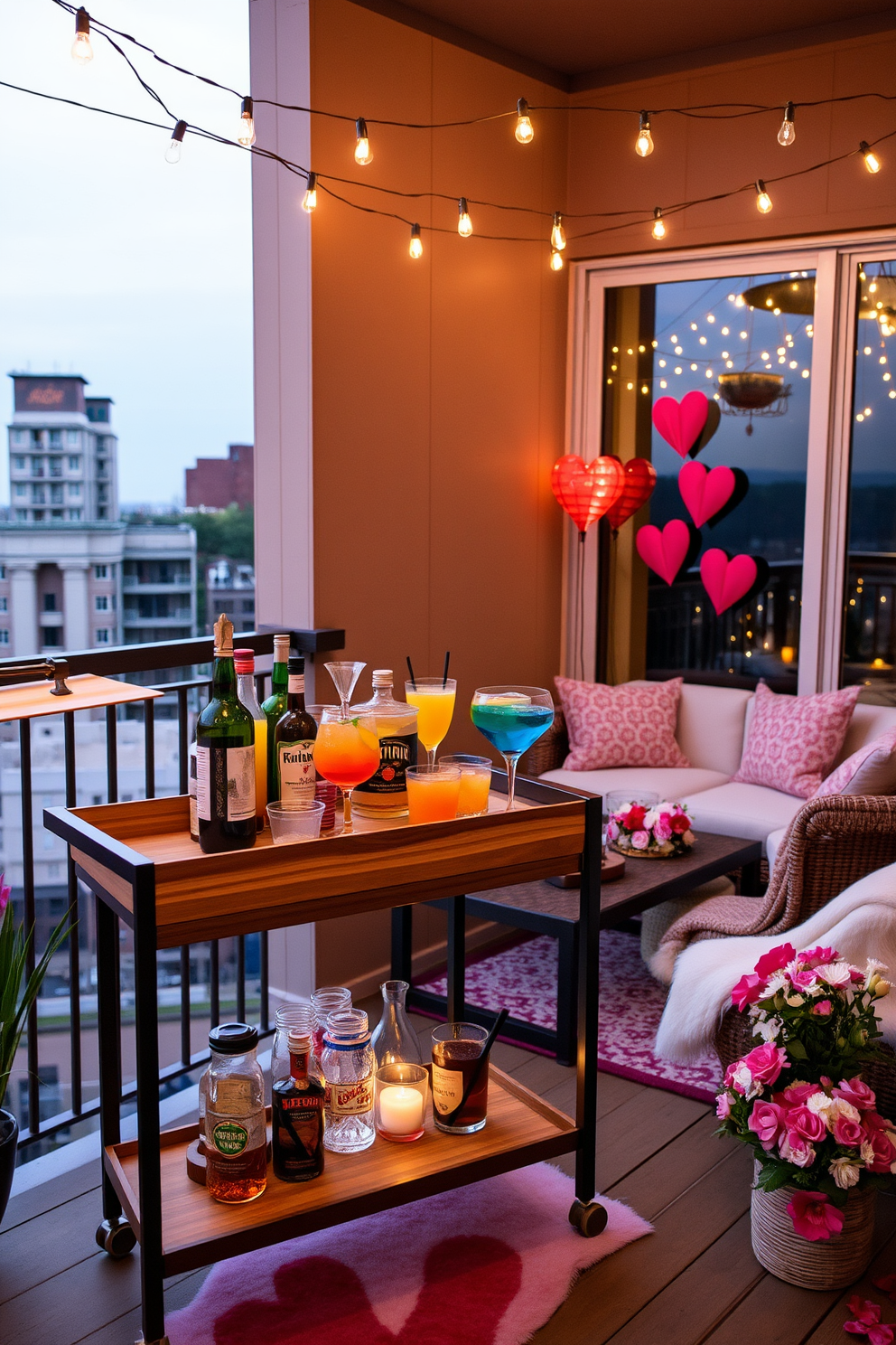 A vibrant collection of tableware is set on a beautifully decorated dining table. The plates feature intricate patterns in bright colors, complemented by sparkling glassware and elegant cutlery. The balcony is adorned with red and pink heart-shaped decorations, creating a romantic atmosphere for Valentine's Day. Soft fairy lights twinkle above, while potted flowers in shades of red and white add a festive touch.