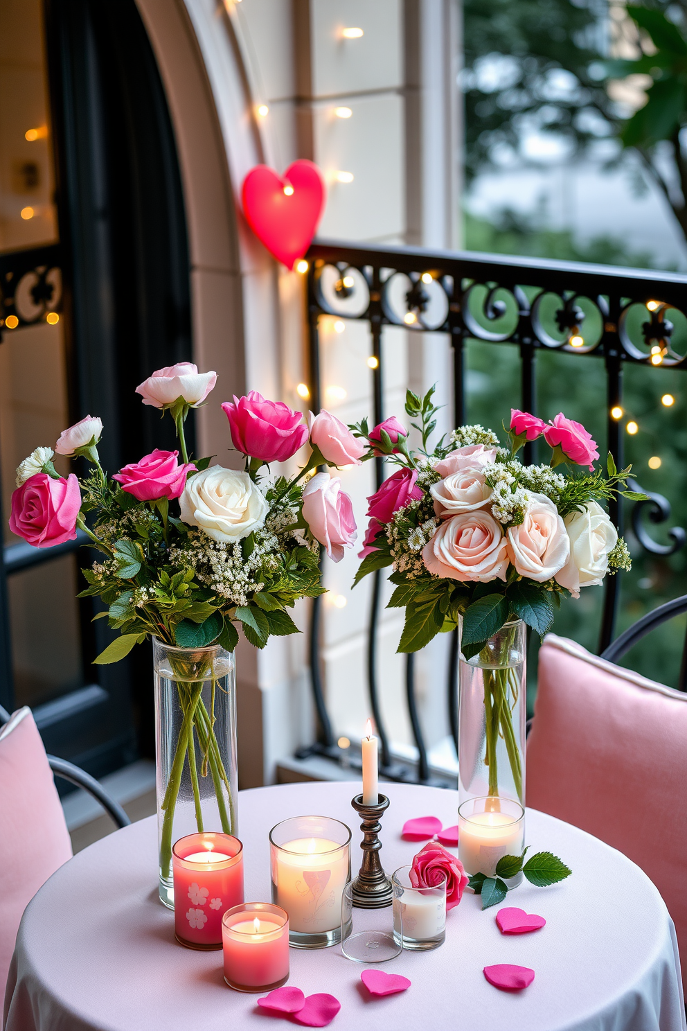 Create a romantic balcony setting adorned with elegant floral arrangements in vases. The balcony features wrought iron railings and is decorated with soft cushions and fairy lights for a cozy atmosphere. The vases are filled with a mix of roses, peonies, and greenery, adding vibrant colors to the space. Delicate candles are placed on the table, creating a warm and inviting ambiance perfect for a Valentine's Day celebration.