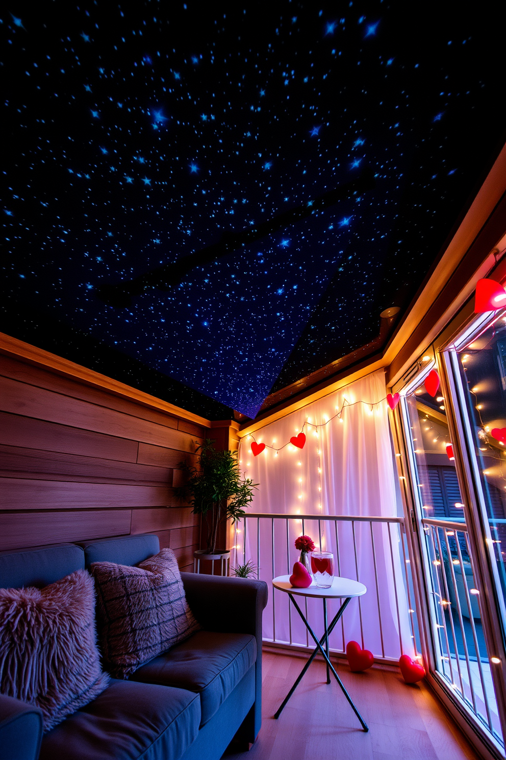 Create a romantic balcony setting for Valentine's Day. Include soft pillows in various shades of red and pink scattered across a cozy seating area. Incorporate twinkling fairy lights draped overhead to create a warm ambiance. Add potted plants with blooming flowers to enhance the romantic atmosphere.