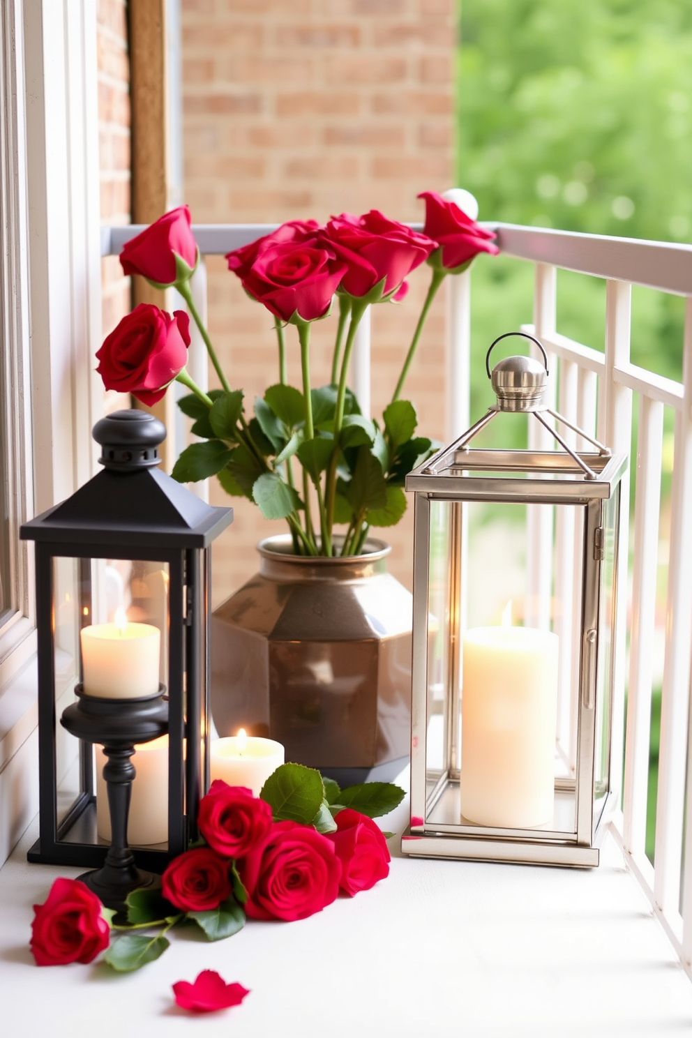 A charming small table set for two on a romantic balcony. The table is adorned with a delicate lace tablecloth and features two elegant place settings with fine china and sparkling glassware. Surrounding the table are lush potted plants and twinkling fairy lights strung overhead. A bouquet of red roses in a glass vase adds a touch of romance, while soft cushions on the chairs invite relaxation.