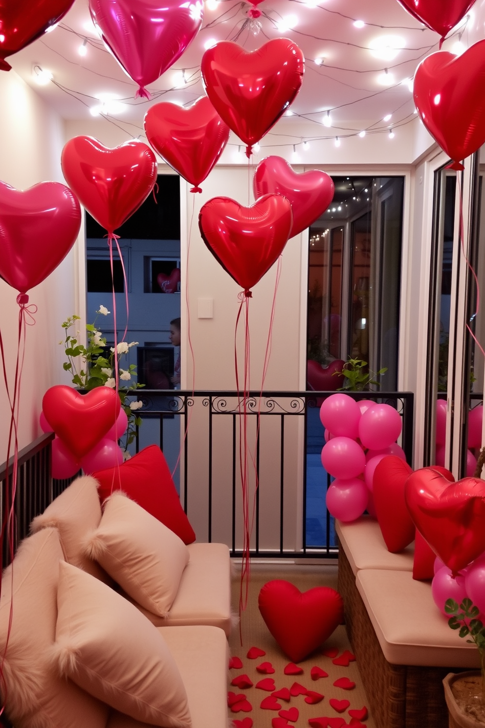 A romantic balcony setting adorned with heart-shaped balloons in shades of red and pink. The space features cozy seating with plush cushions and fairy lights twinkling overhead, creating an inviting atmosphere for Valentine's Day celebrations.