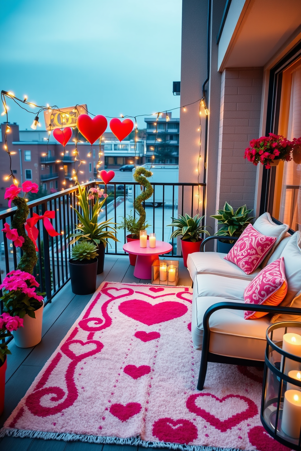 A romantic balcony setting adorned with an outdoor rug that adds comfort and warmth. The space features cozy seating with plush cushions, surrounded by twinkling fairy lights and vibrant potted plants for a festive Valentine's Day atmosphere.