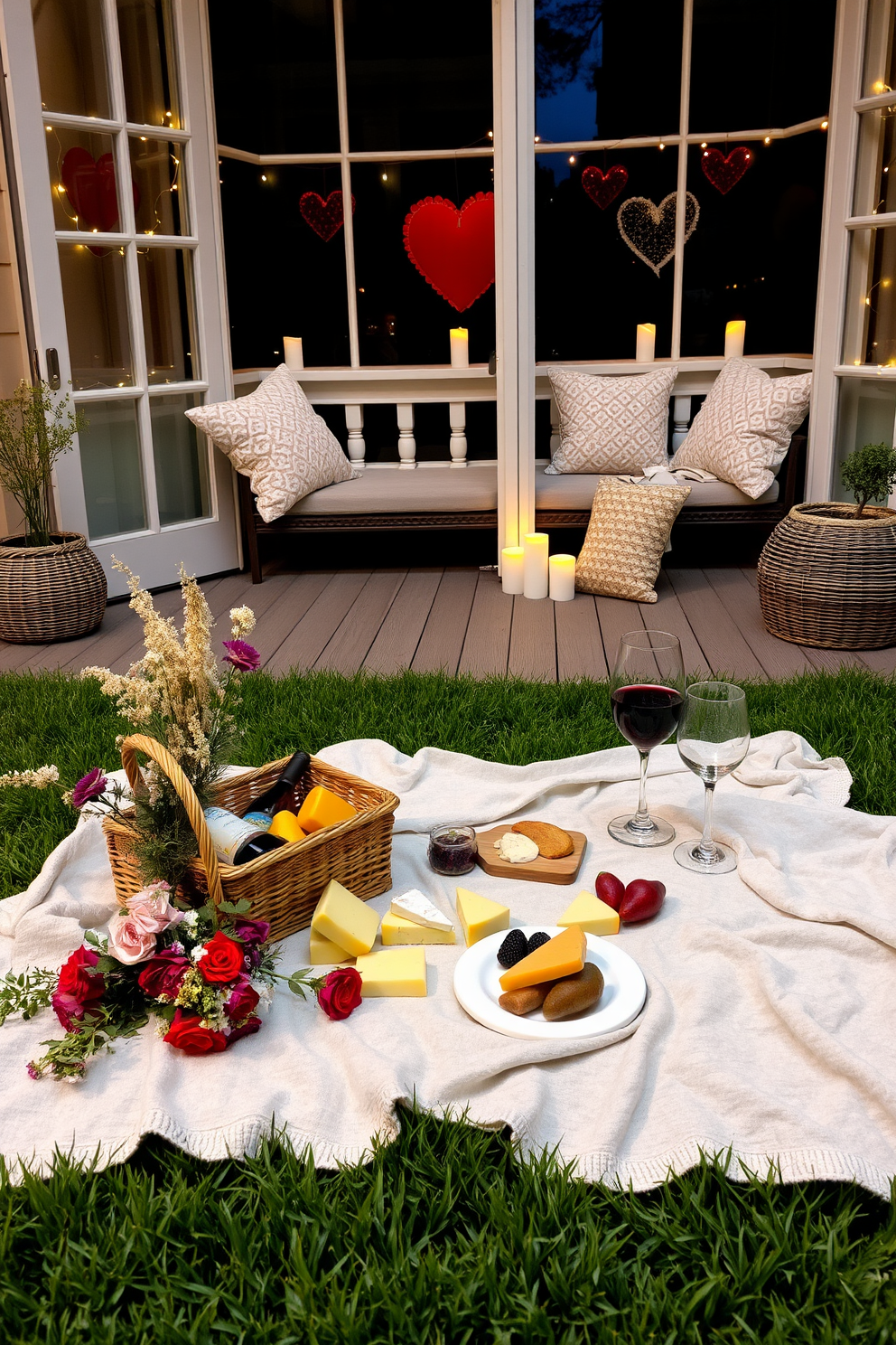 A charming wine and cheese picnic setup is laid out on a soft blanket spread across a lush green lawn. The picnic basket is filled with an assortment of cheeses, fresh fruits, and a bottle of red wine, accompanied by elegant glassware and a bouquet of wildflowers. The romantic balcony is adorned with twinkling fairy lights and plush cushions for seating. Heart-shaped decorations and candles create a warm ambiance, perfect for celebrating Valentine's Day under the stars.