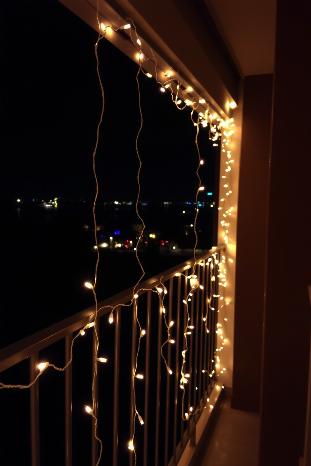 A romantic balcony setting adorned with fairy lights draped gracefully along the railing. Soft, warm glows create an enchanting atmosphere perfect for Valentine's Day celebrations.