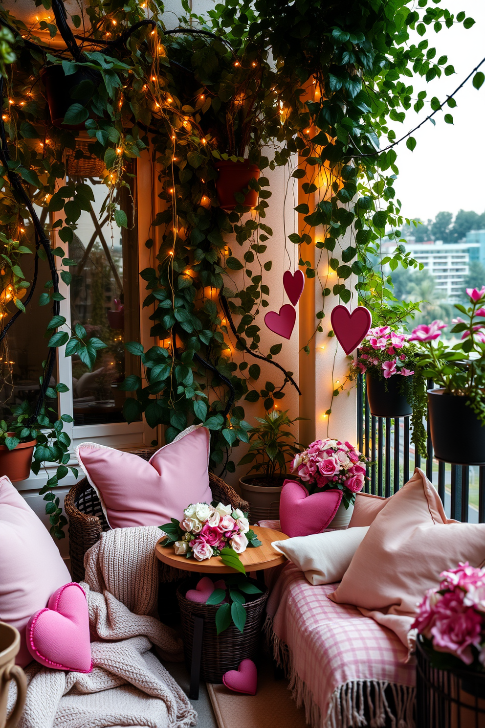 A romantic balcony setting adorned with lush greenery. Potted plants and climbing vines create a cozy atmosphere, while twinkling fairy lights add a warm glow. Soft pillows and throws in pastel hues invite relaxation. Heart-shaped decorations and floral arrangements enhance the Valentine's Day theme, making it a perfect retreat for couples.