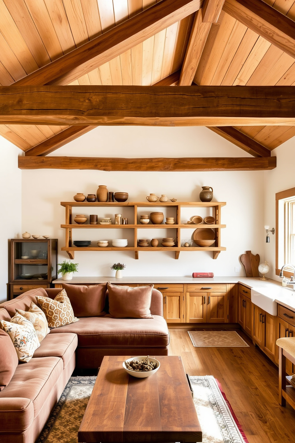 Natural wood beams span the ceiling, adding warmth and character to the space. The walls are adorned with a soft cream hue, complementing the rustic charm of the apartment design. A cozy seating area features a plush sectional sofa in earthy tones, paired with a reclaimed wood coffee table. Decorative throw pillows in various textures enhance the inviting atmosphere of the room. The kitchen showcases open shelving made of natural wood, displaying handcrafted pottery and rustic kitchenware. A farmhouse sink sits beneath a window, allowing natural light to flood the space and highlight the rustic details.