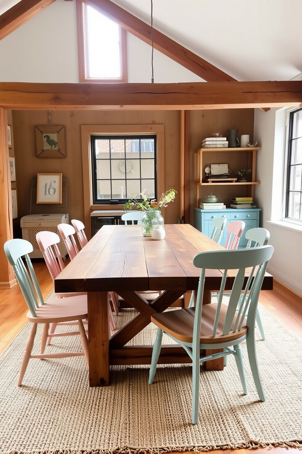 A farmhouse dining table made of reclaimed wood serves as the centerpiece for gatherings. Surrounding the table are mismatched chairs in soft pastel colors, creating a warm and inviting atmosphere. The dining area features exposed wooden beams and a large window that lets in natural light. A woven jute rug lies beneath the table, adding texture to the rustic apartment design.