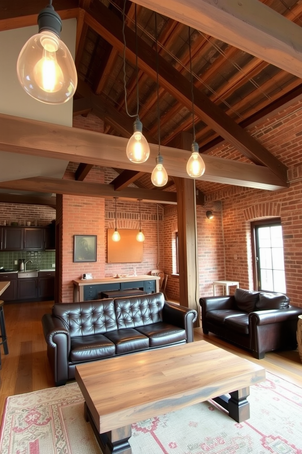 A cozy rustic apartment featuring exposed brick walls and wooden beams that create a warm atmosphere. The open-plan layout includes a spacious living area with a large leather sofa and a reclaimed wood coffee table. Industrial light fixtures hang from the ceiling, adding a modern touch to the space. Vintage-style bulbs illuminate the room, enhancing the charm of the rustic decor.