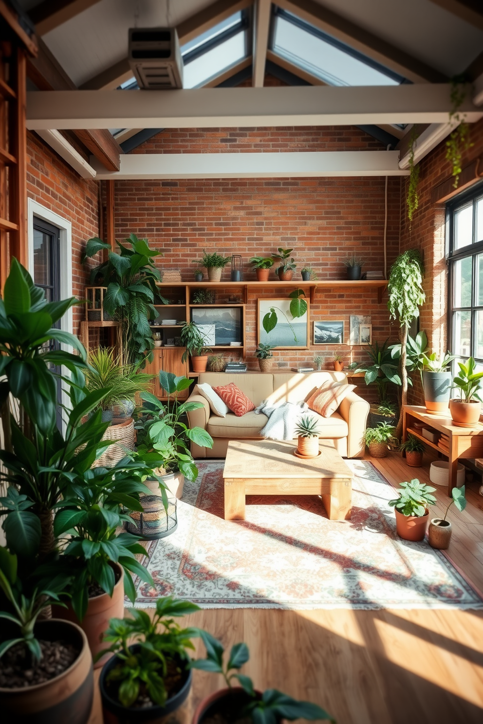 A cozy rustic apartment filled with natural light. There are potted plants of various sizes placed throughout the space, adding freshness and vibrancy to the warm wooden accents. The living area features a comfortable sofa with earthy tones and a reclaimed wood coffee table. Exposed brick walls and a vintage rug complete the inviting atmosphere.