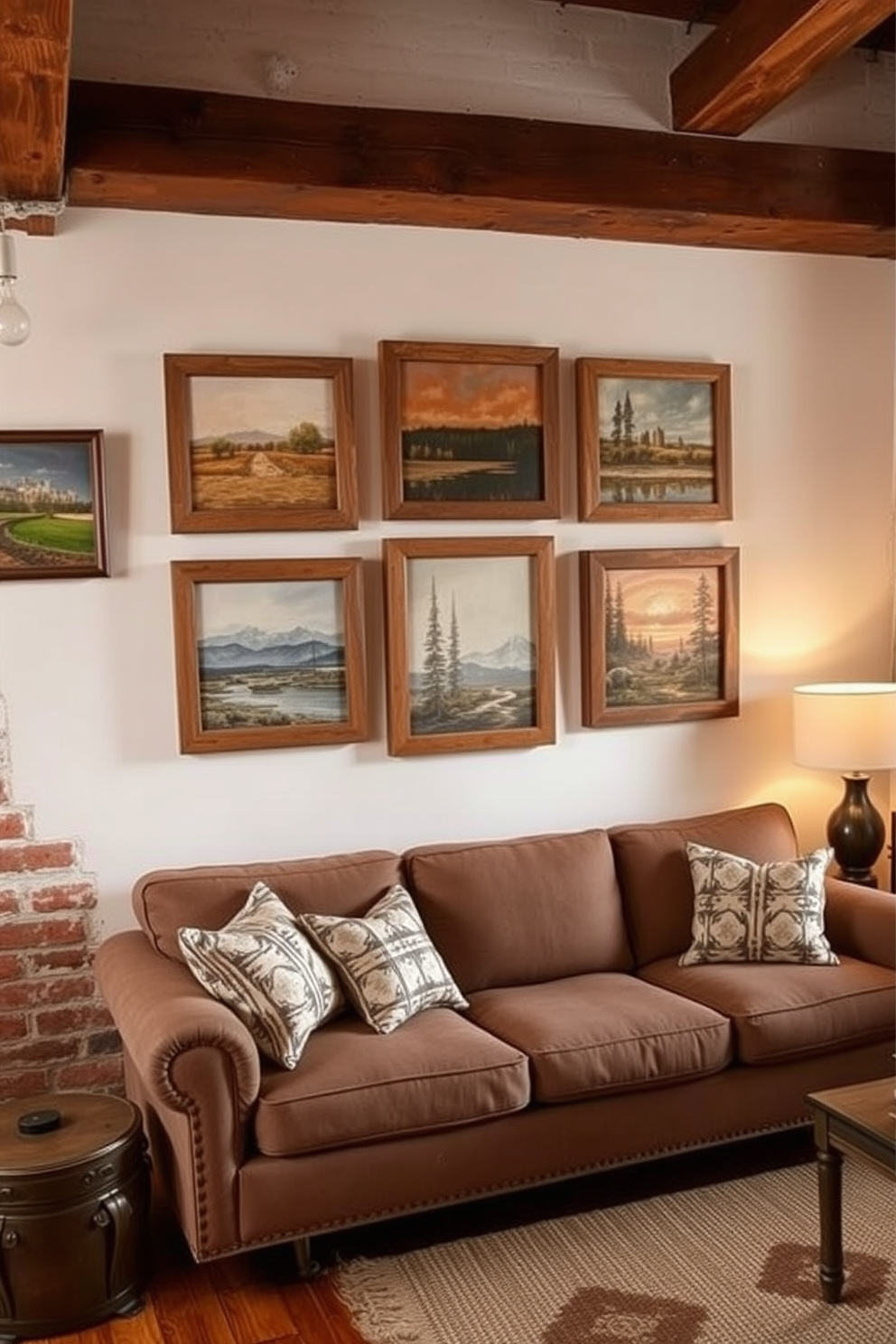 Charming wall art featuring rustic themes adorns the walls of a cozy living room. The artwork includes landscapes and nature scenes framed in reclaimed wood, enhancing the warm and inviting atmosphere. The rustic apartment design ideas incorporate exposed brick walls and wooden beams for an authentic feel. Earthy tones and vintage furnishings complete the look, creating a comfortable and stylish living space.