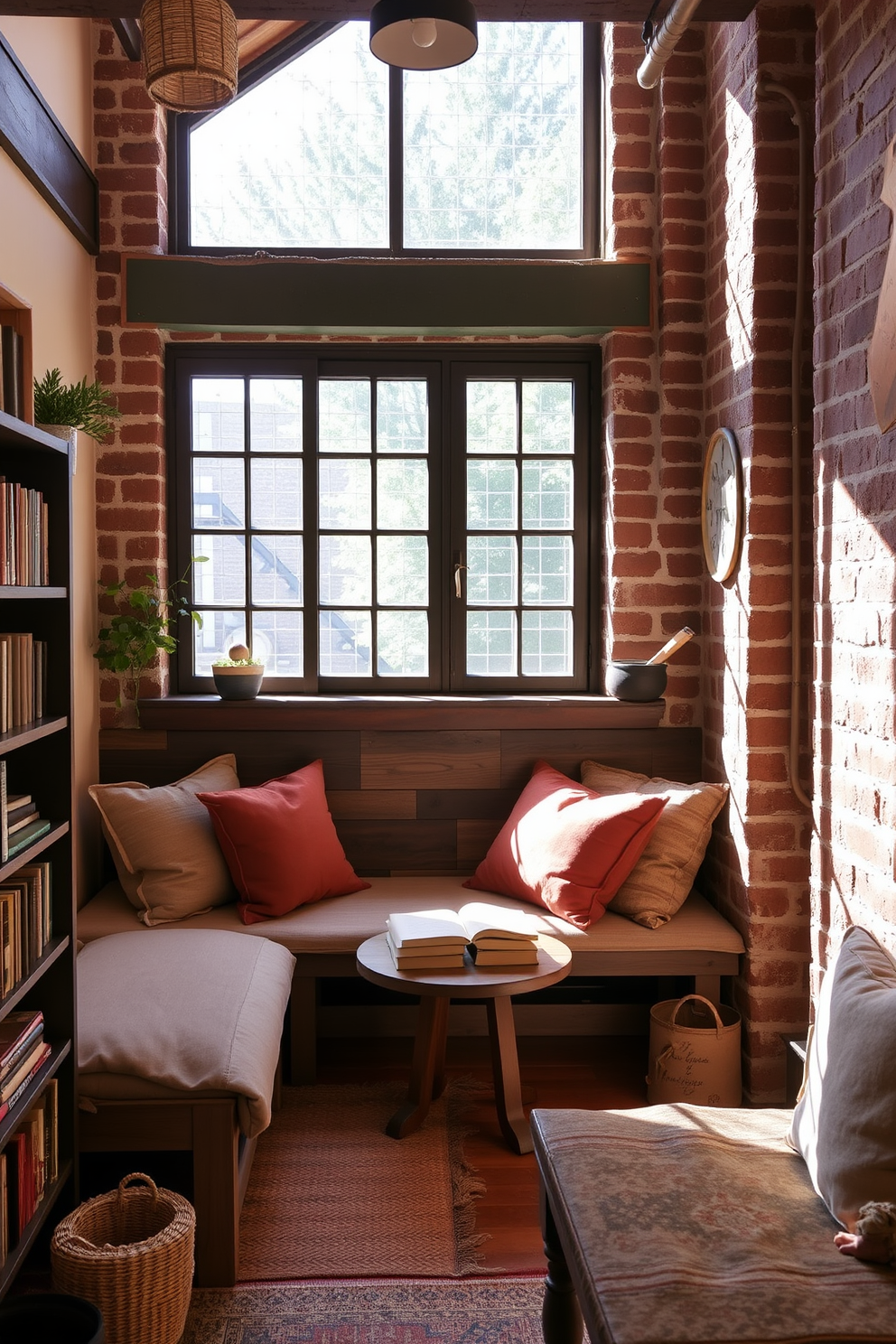 A cozy reading nook with soft cushions invites relaxation and tranquility. A large window allows natural light to flood the space, highlighting a collection of books on a nearby shelf. Rustic apartment design ideas feature reclaimed wood accents and warm earthy tones. Exposed brick walls and vintage decor create a charming and inviting atmosphere.