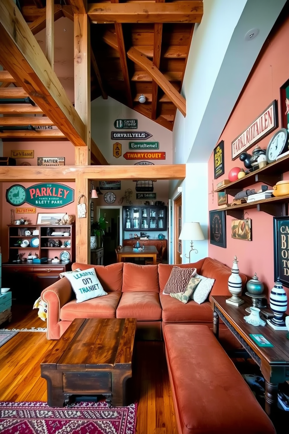 A cozy rustic apartment featuring exposed wooden beams and a warm color palette. Vintage signs adorn the walls, adding nostalgic charm and character to the space. The living area includes a plush sectional sofa with earthy tones and a reclaimed wood coffee table. A collection of antique decor items sits on a nearby shelf, enhancing the vintage aesthetic.