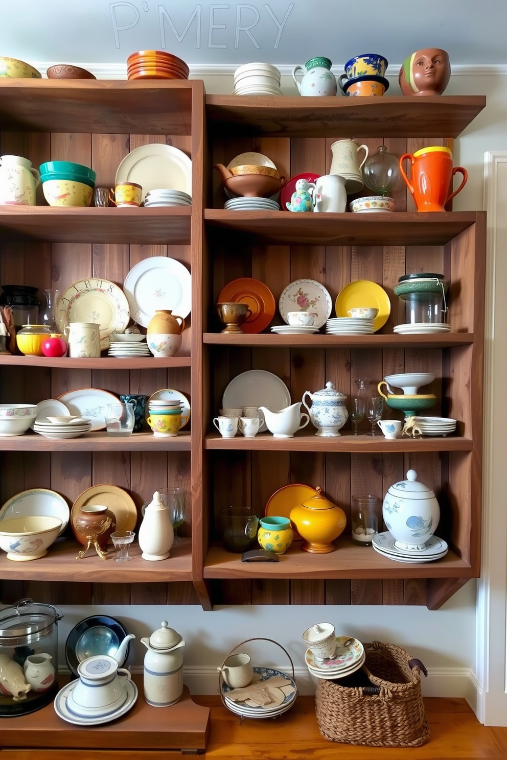 A cozy rustic apartment featuring open shelving adorned with an array of charming dishware. The shelves are made of reclaimed wood, displaying colorful ceramics and vintage glassware, creating a warm and inviting atmosphere.