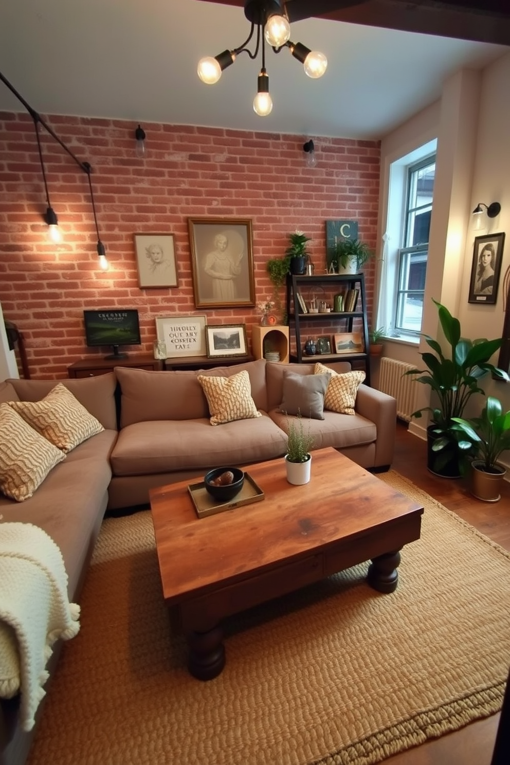 A cozy rustic apartment filled with potted plants for a fresh touch. The living area features exposed wooden beams and a stone fireplace, with various greenery placed throughout for a vibrant atmosphere. The kitchen showcases open shelving made of reclaimed wood adorned with herb pots. A comfortable seating nook includes a vintage table surrounded by mismatched chairs, creating an inviting and warm space.