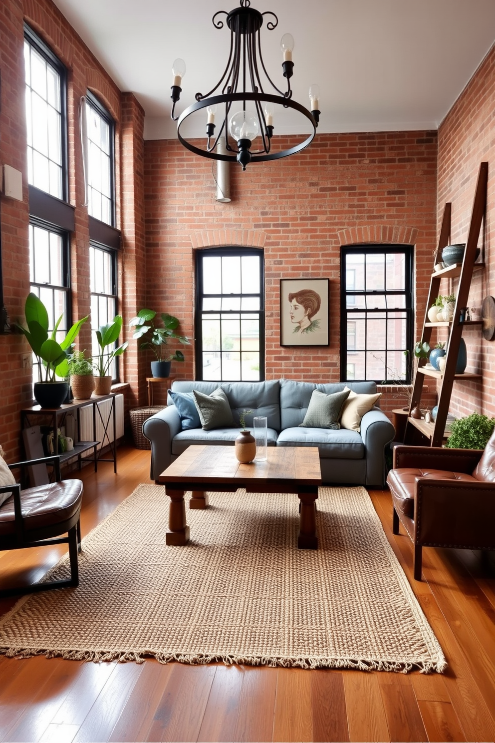 A cozy living room featuring a reclaimed wood coffee table at the center, surrounded by a plush gray sectional sofa and vintage leather armchairs. The walls are adorned with exposed brick, while large windows allow natural light to flood the space, highlighting a woven area rug on the hardwood floor. In the corner, a rustic ladder shelf displays potted plants and handmade pottery, adding warmth to the atmosphere. A statement chandelier made of wrought iron hangs above, blending modern elegance with rustic charm in this inviting apartment design.