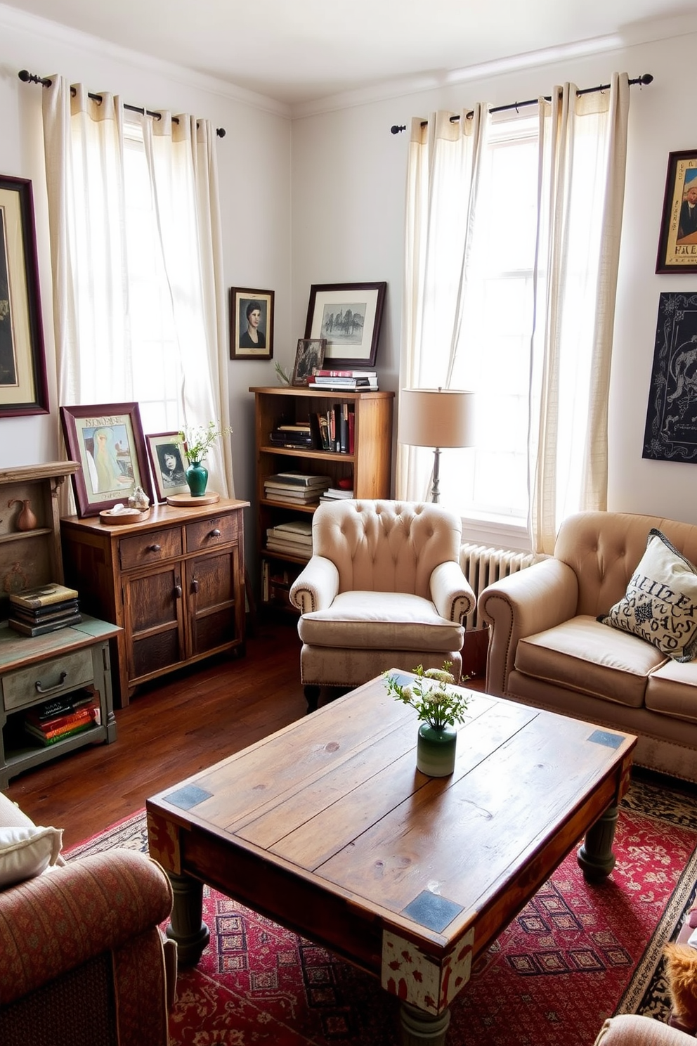 A cozy rustic apartment filled with vintage furniture featuring distressed finishes. The living room showcases a weathered wooden coffee table paired with a faded leather sofa, complemented by an antique armchair in the corner. The walls are adorned with reclaimed wood paneling, adding warmth to the space. A woven area rug lies underfoot, while potted plants bring a touch of greenery to the rustic aesthetic.