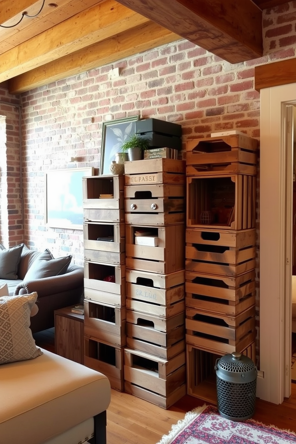 Wooden crates are stacked creatively in a cozy corner, providing a charming and functional storage solution. The rustic apartment features exposed brick walls and warm wooden beams, enhancing the overall inviting atmosphere.