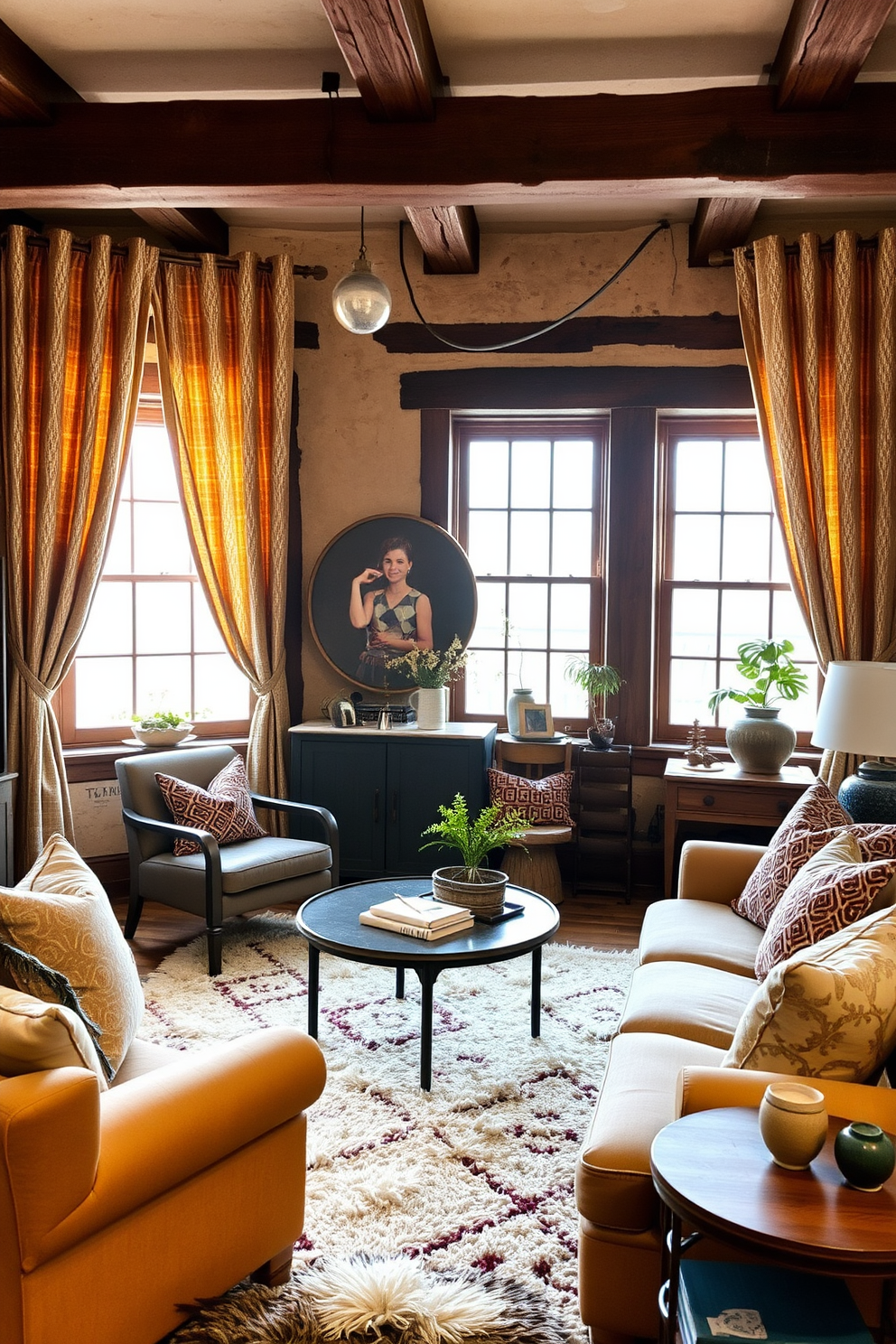 A rustic apartment setting with wooden window frames that add character and warmth to the space. The room features exposed brick walls and a cozy seating area with a vintage leather sofa and a reclaimed wood coffee table.