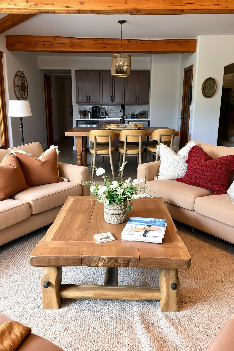 A cozy rustic apartment features a natural wood coffee table as the centerpiece of the living area. Surrounding the table are plush sofas adorned with earthy tones and textured throw pillows, creating an inviting atmosphere.