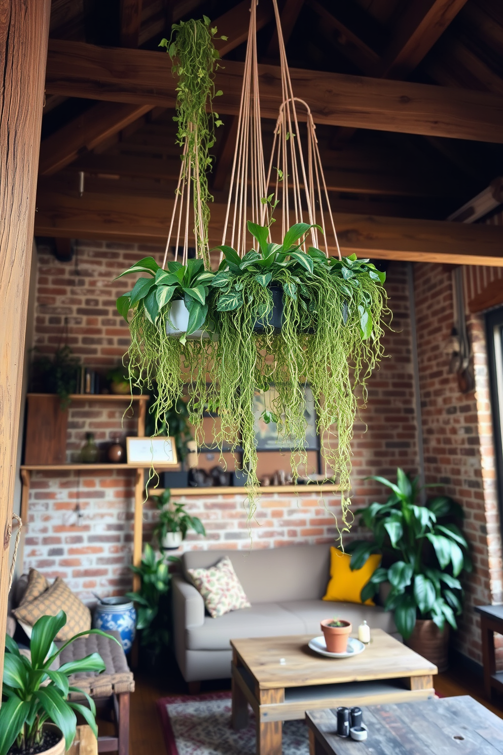 A cozy rustic apartment features woven baskets neatly arranged on wooden shelves, providing organized storage while enhancing the warm atmosphere. The walls are adorned with reclaimed wood accents, and soft, earthy tones create a welcoming ambiance throughout the space.