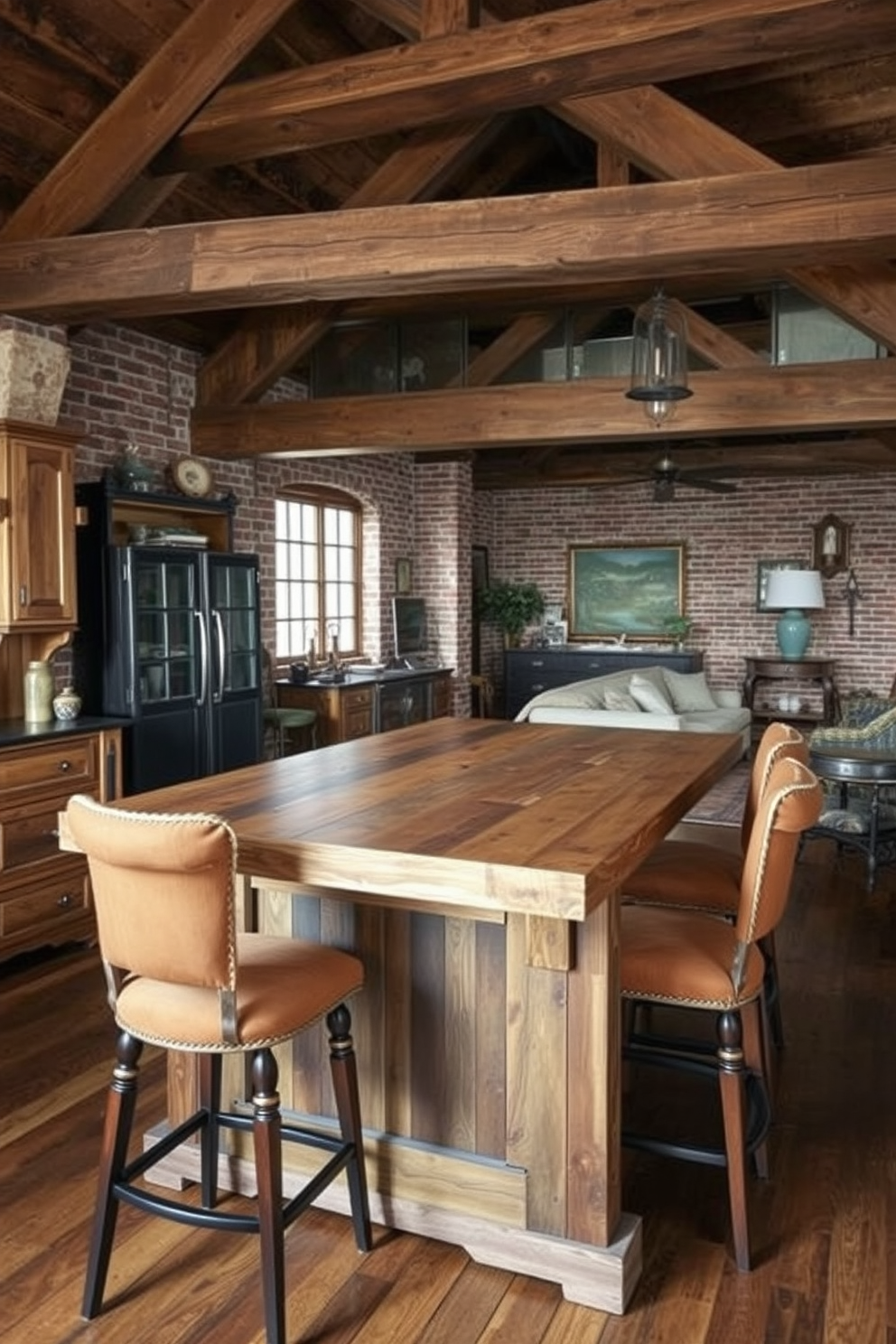 A rustic kitchen island made of reclaimed wood with a thick butcher block countertop. Surrounding the island are high-backed stools upholstered in earthy tones, creating a warm and inviting atmosphere. An open-concept apartment design featuring exposed brick walls and wooden beams. The living area is adorned with vintage furniture and cozy textiles, blending comfort with rustic charm.